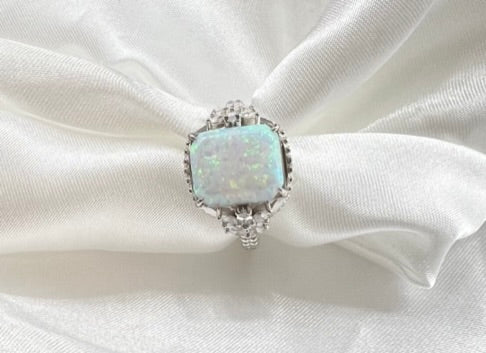 White Fire Opal & CZ Beaded Shank 925 Sterling Silver Ring