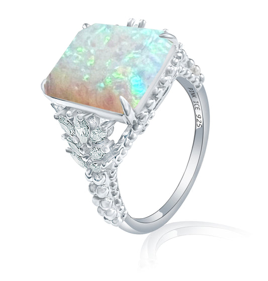 White Fire Opal & CZ Beaded Shank 925 Sterling Silver Ring