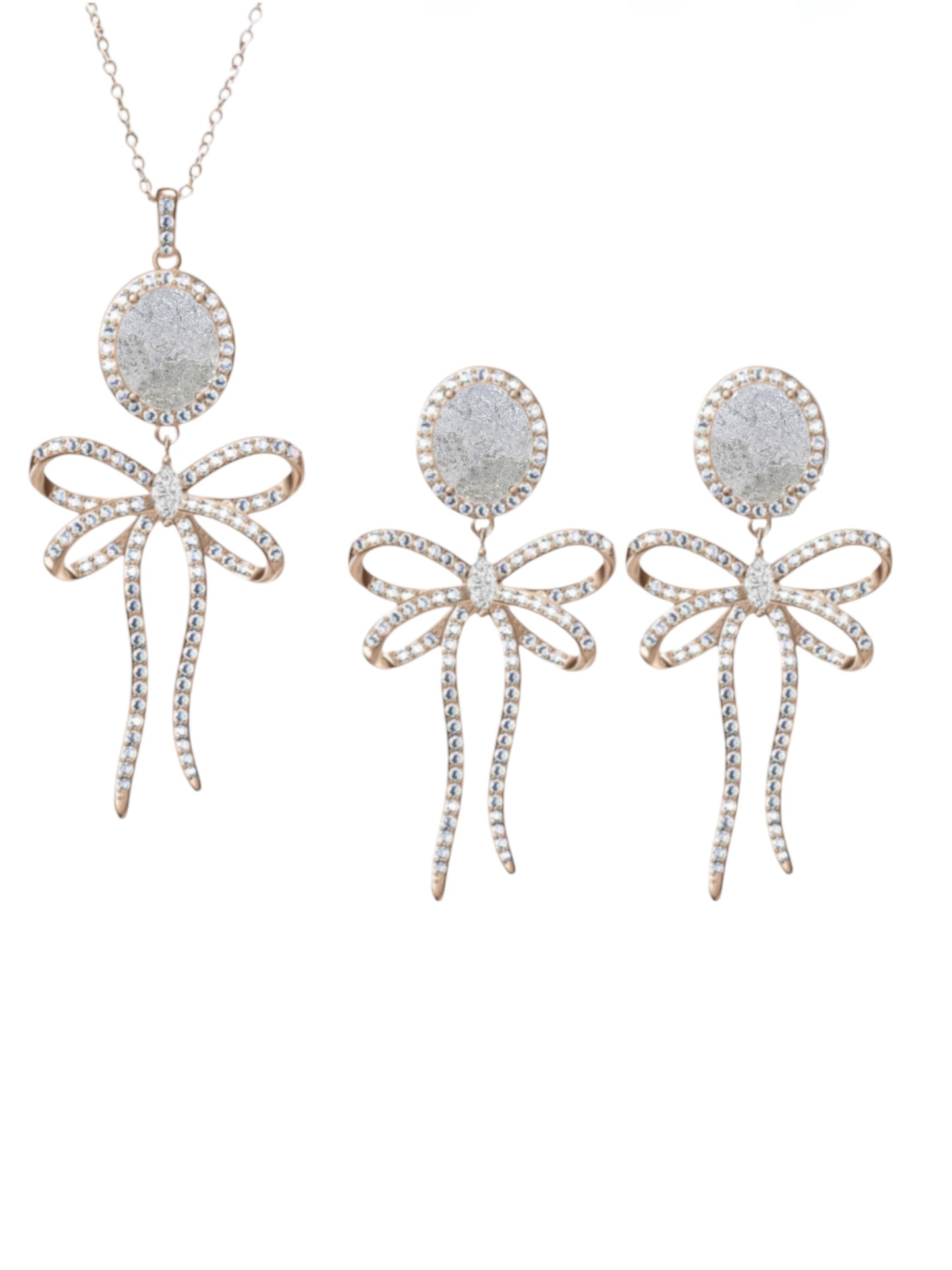 925 Sterling Silver White Ice Bow Tie Necklace & Earrings Set on Rose Gold