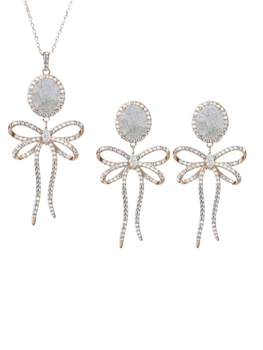 925 Sterling Silver White Ice Crystal Bow Tie Necklace & Earrings Set (Rose Gold or Rhodium)