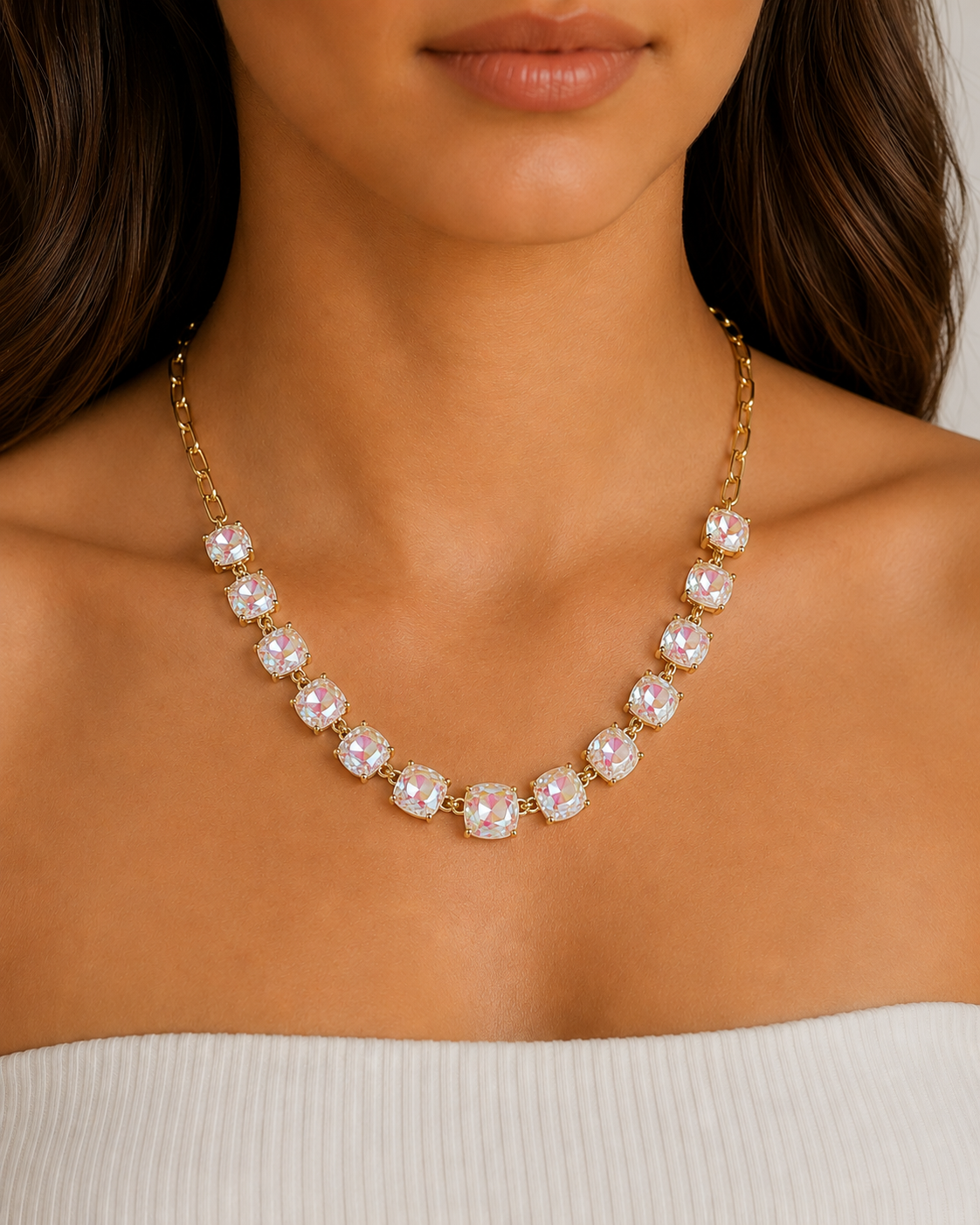 AB Crystal Chain Link Necklace - Durable Zinc Steel Design