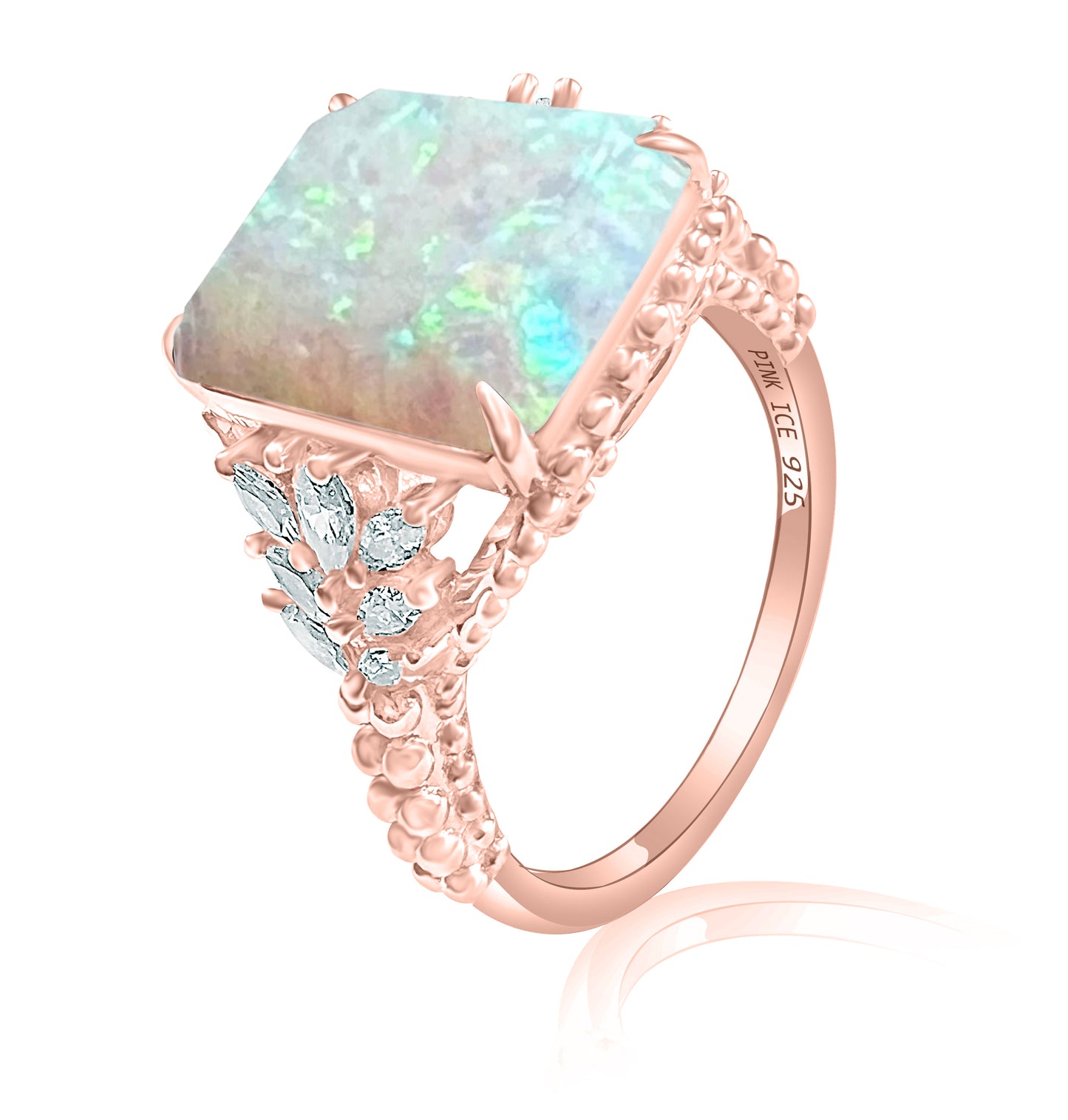 White Fire Opal & CZ Beaded Shank 925 Sterling Silver Ring - Rose Gold