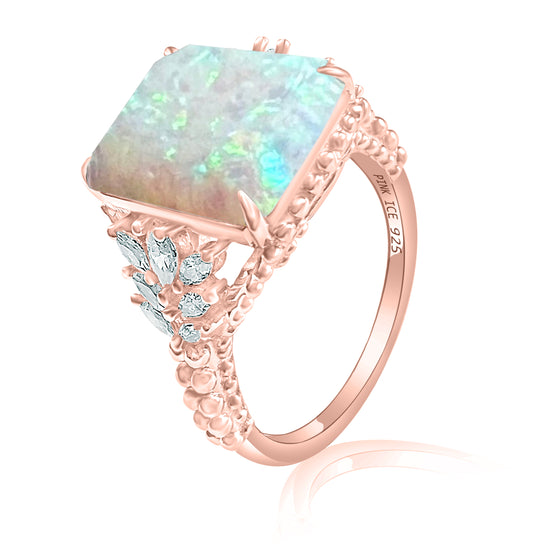 White Fire Opal & CZ Beaded Shank 925 Sterling Silver Ring - Rose Gold