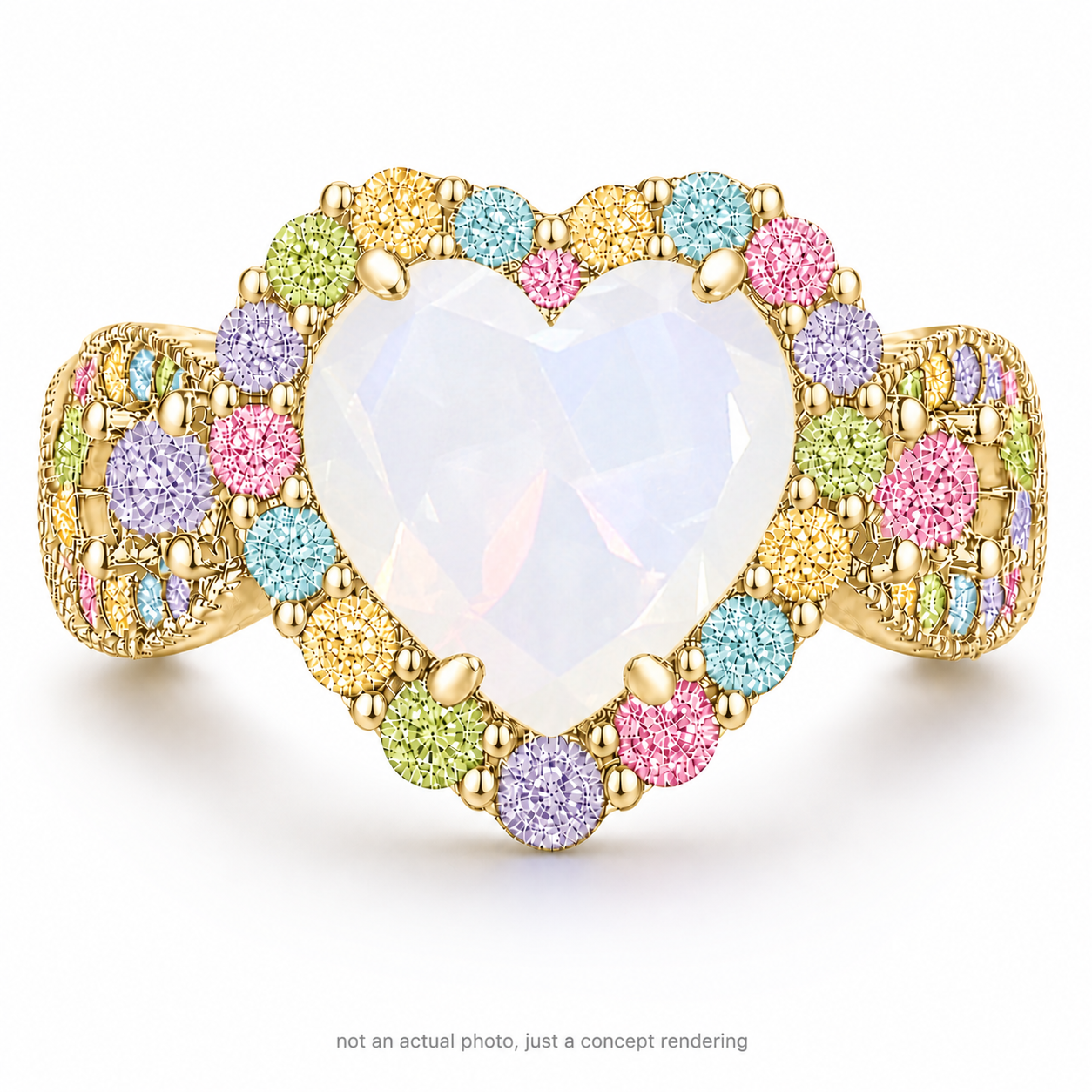 Multicolor White Moonstone Halo Heart Ring