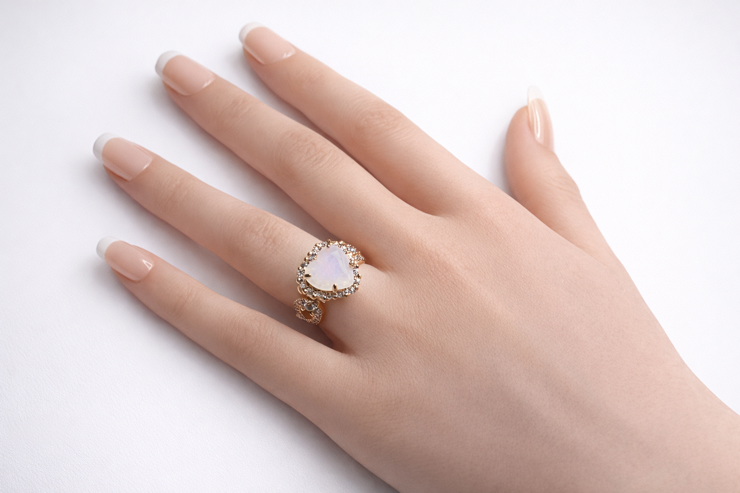 White Moonstone Halo Heart Infinity Ring
