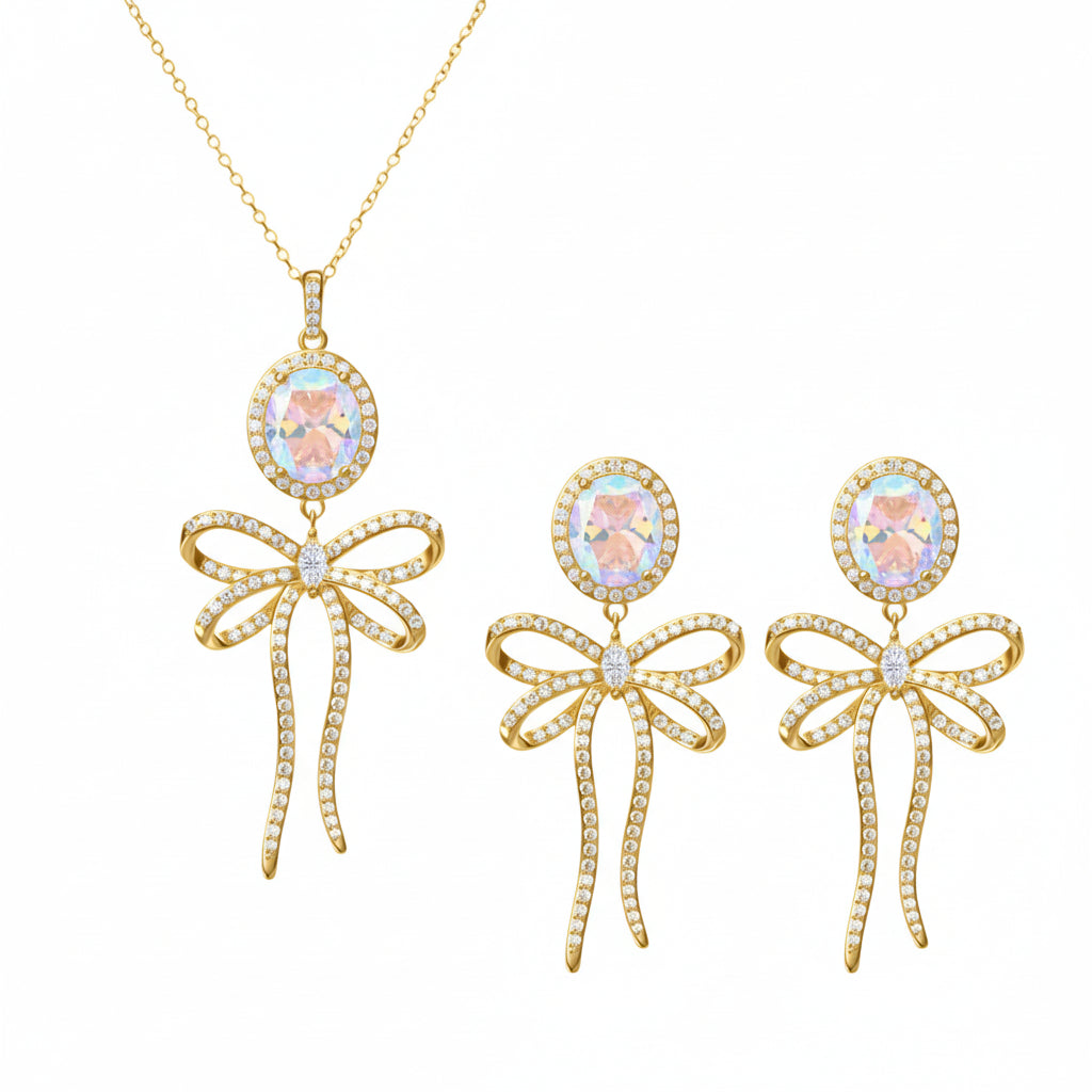 PRE-ORDER - 925 Sterling Silver Bow Tie Necklace & Earrings Set (Choose your Stone Color)