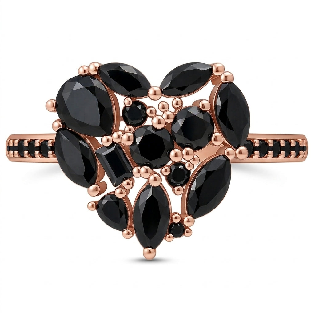 925 Sterling Silver Black Onyx Cluster Heart Ring on Rhodium or Rose Gold