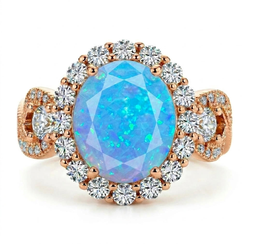 *PRE-ORDER - 925 Sterling Silver Infinity Oval Cut Blue Fire Opal-Effect & Diamond CZ on Rose gold