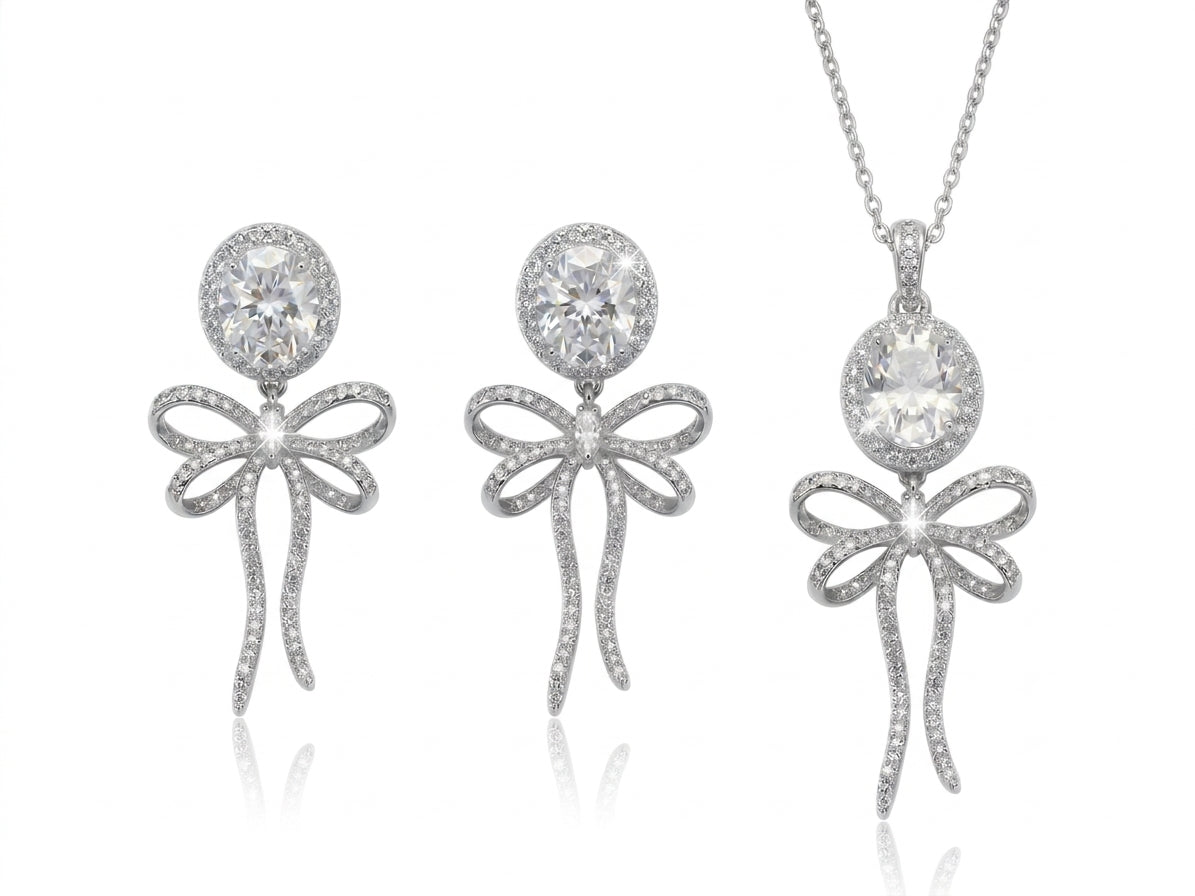 Clear CZ Halo Bow Tie Necklace & Earring Set