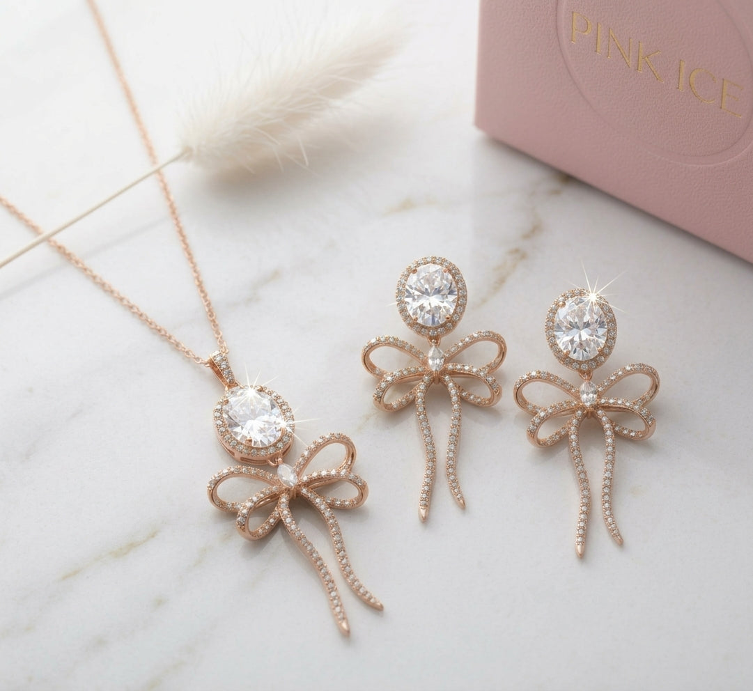 Clear CZ Halo Bow Tie Necklace & Earring Set