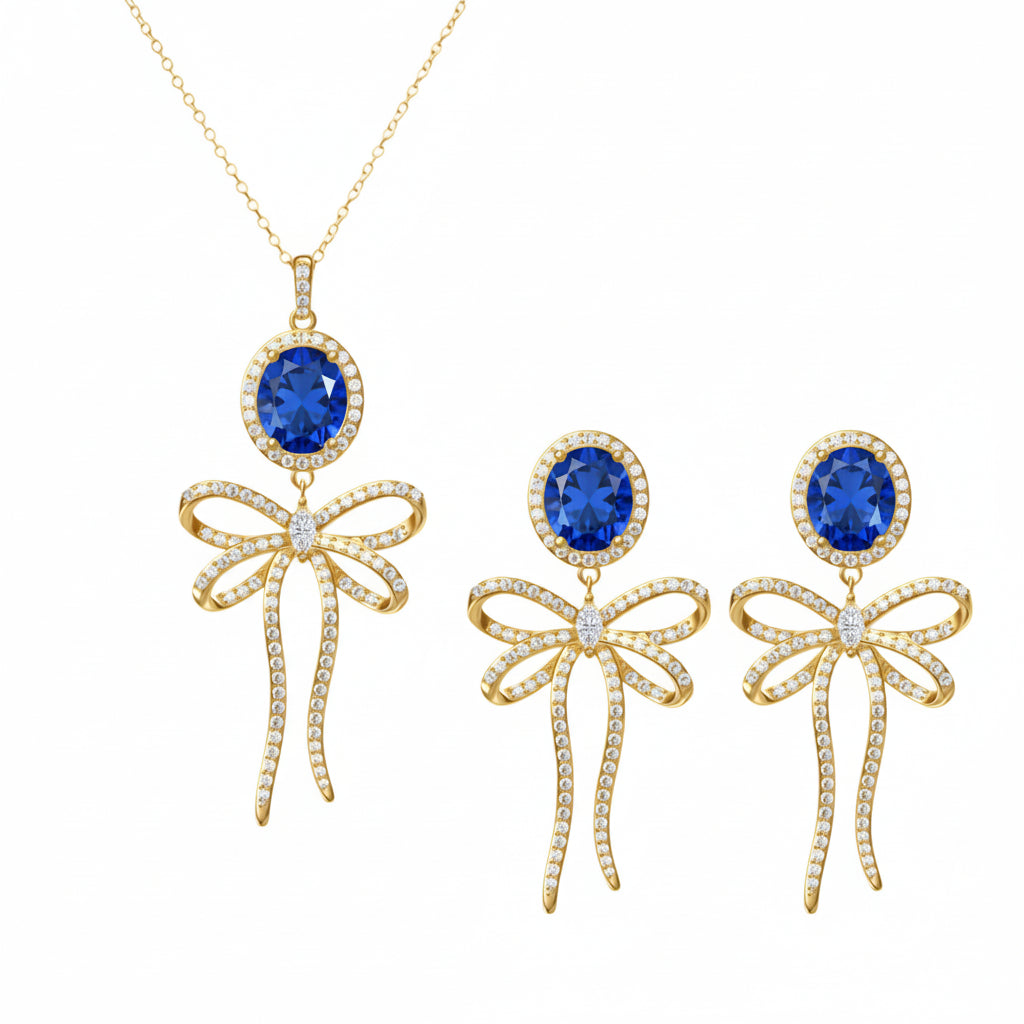 PRE-ORDER - 925 Sterling Silver Bow Tie Necklace & Earrings Set (Choose your Stone Color)