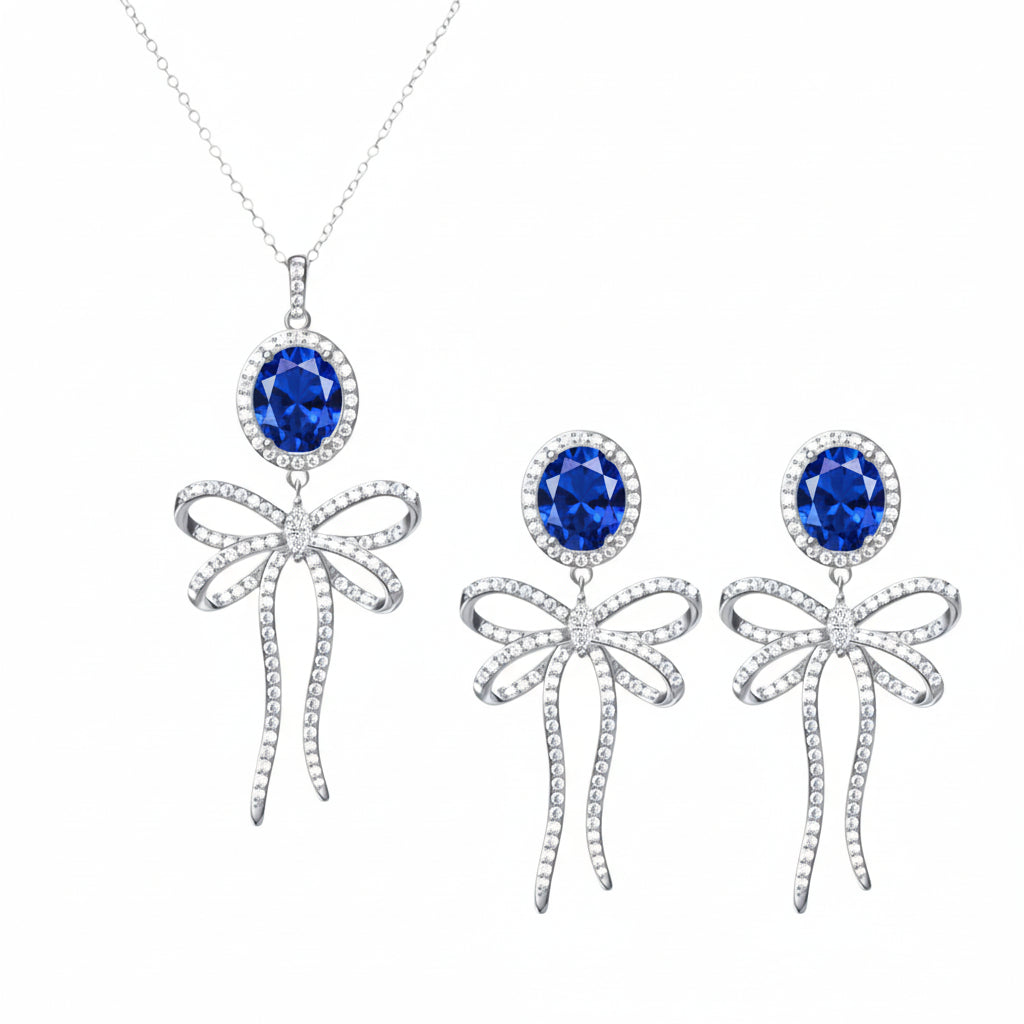 PRE-ORDER - 925 Sterling Silver Bow Tie Necklace & Earrings Set (Choose your Stone Color)