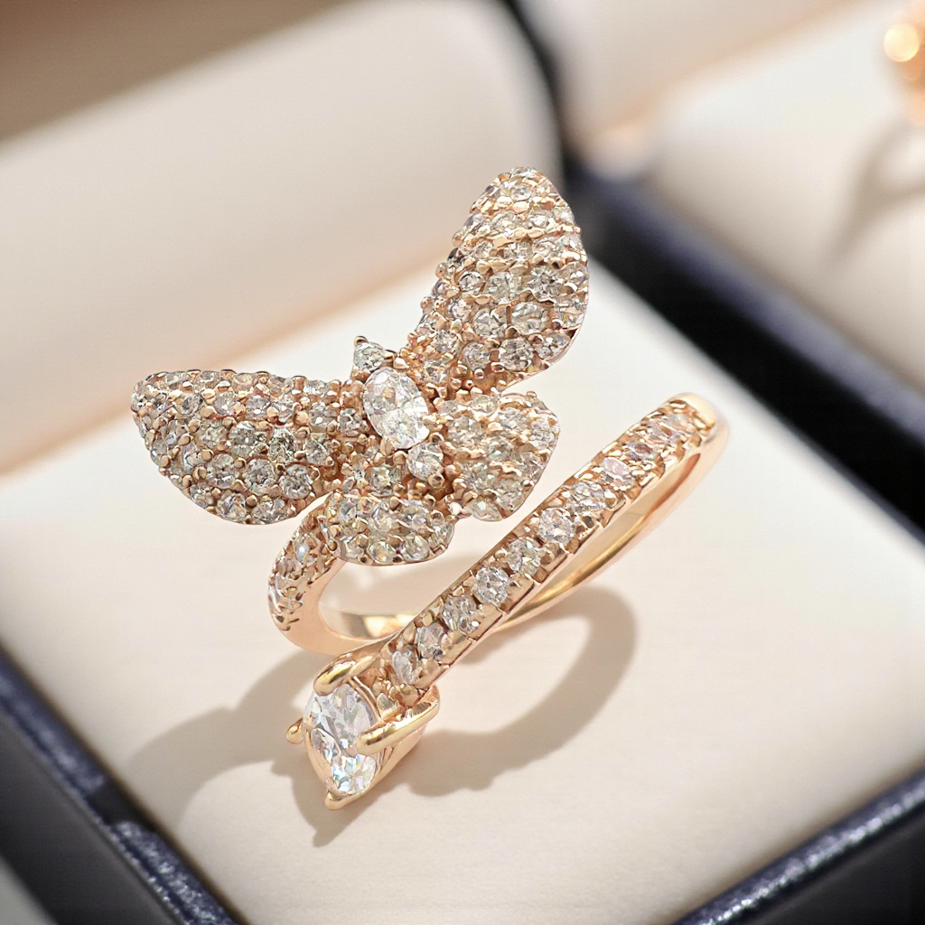 925 Sterling Silver Butterfly Wrap Ring in Rose Gold with Brilliant Diamond CZ Pavé