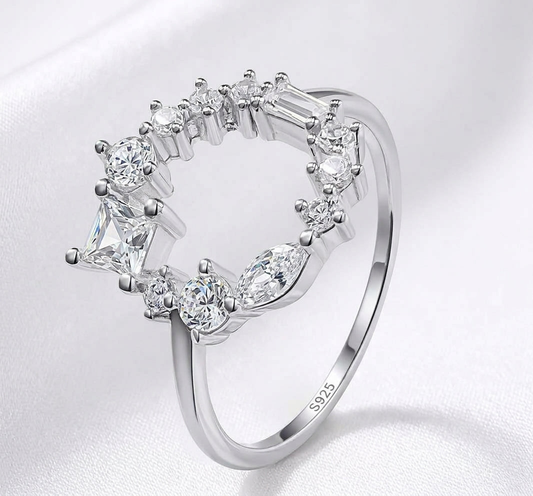 Dainty 925 Sterling Silver Diamond CZ Geometric Cluster Band Open Circle Ring