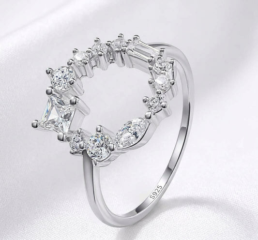 Dainty 925 Sterling Silver Diamond CZ Geometric Cluster Band Open Circle Ring