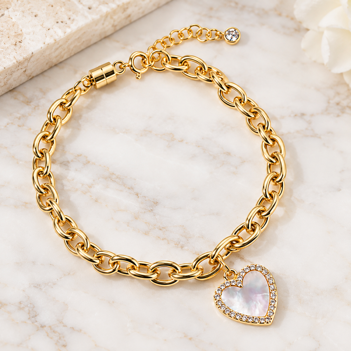 Gold Dipped Mother-of-Pearl Heart Charm Chain Bracelet - Magnetic Clasp