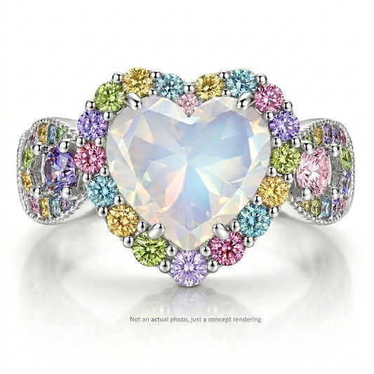 Multicolor Simulated White Moonstone Halo Heart Ring