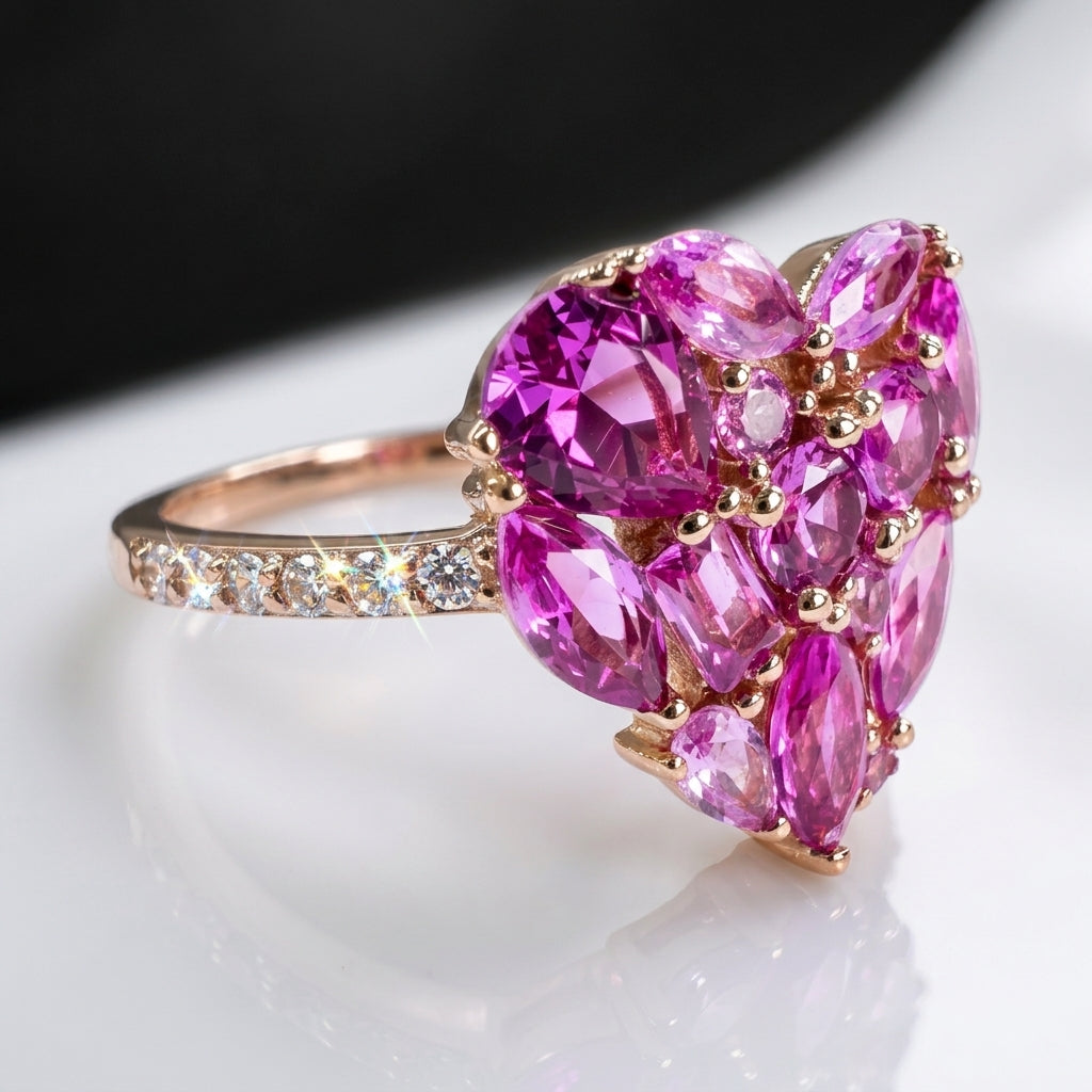 PRE-ORDER - 925 Sterling Silver Rose Corundum CZ Cluster Heart Ring (Rhodium or Rose Gold)