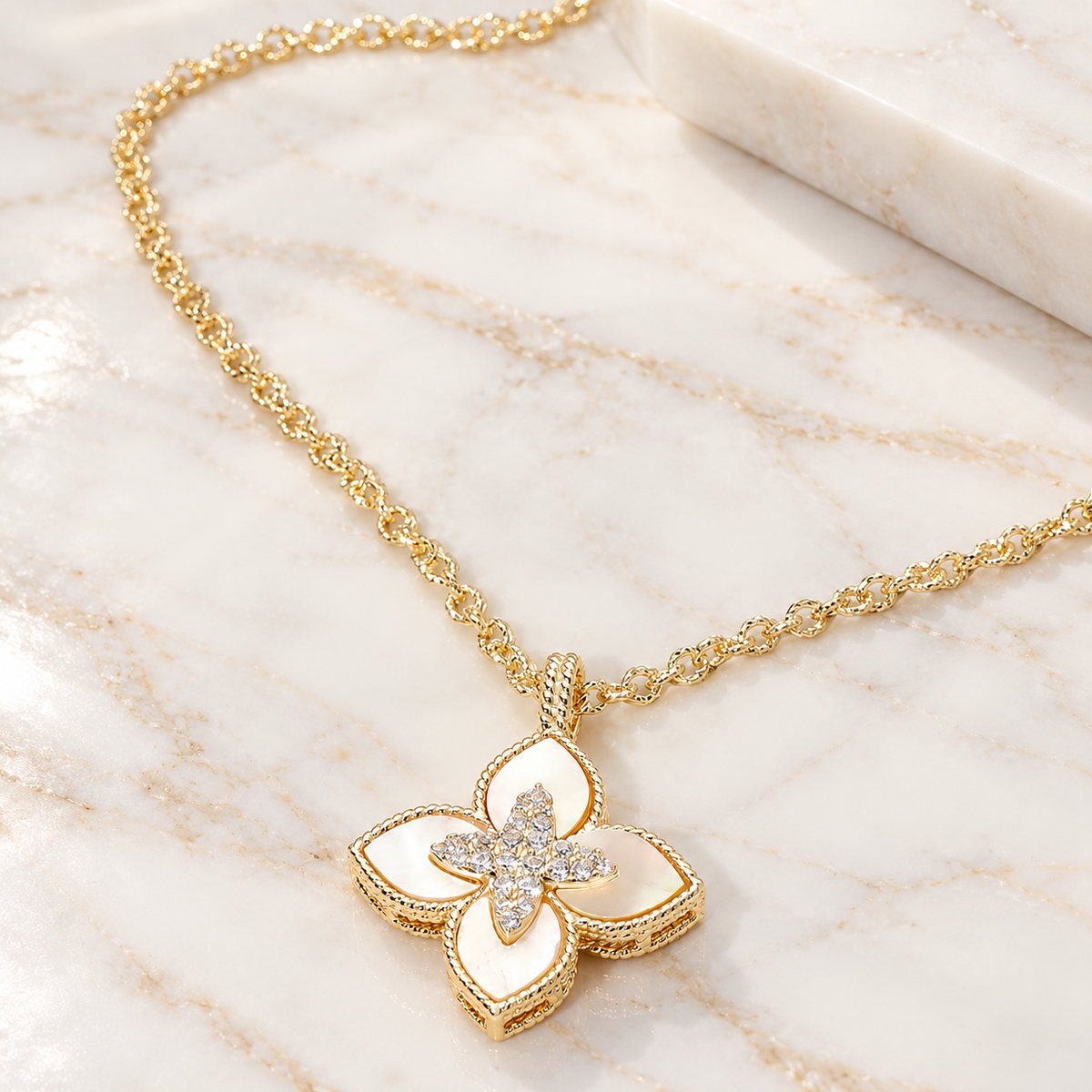 14K Gold Plated Pearlescent Clover CZ Pendant Necklace