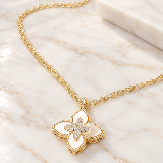 14K Gold Plated Pearlescent Clover CZ Pendant Necklace