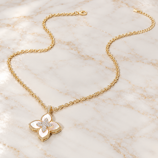 14K Gold Plated Pearlescent Clover CZ Pendant Necklace