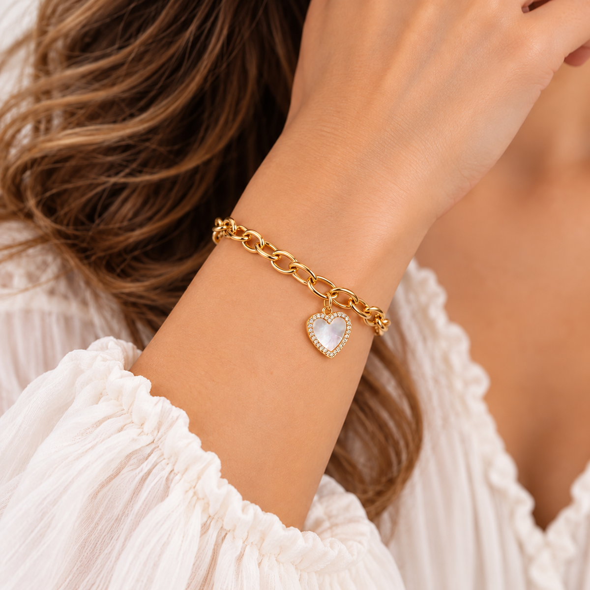 Gold Dipped Mother-of-Pearl Heart Charm Chain Bracelet - Magnetic Clasp