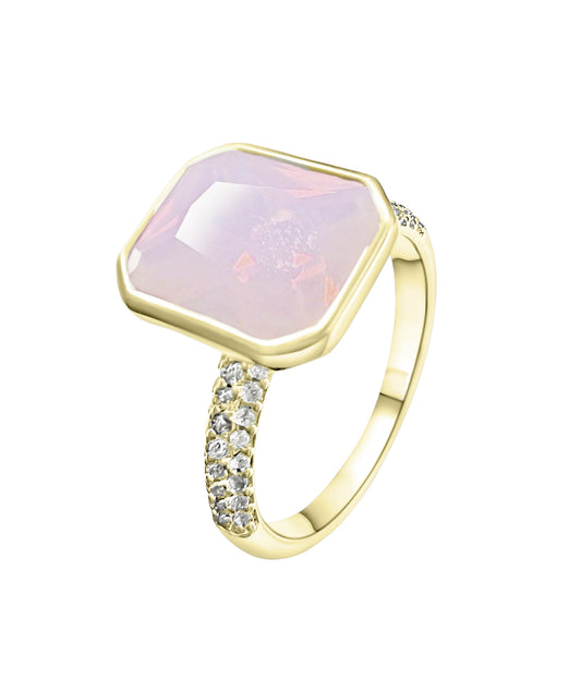 925 Sterling Silver Pink Moonstone Bezel Ring on Yellow Gold