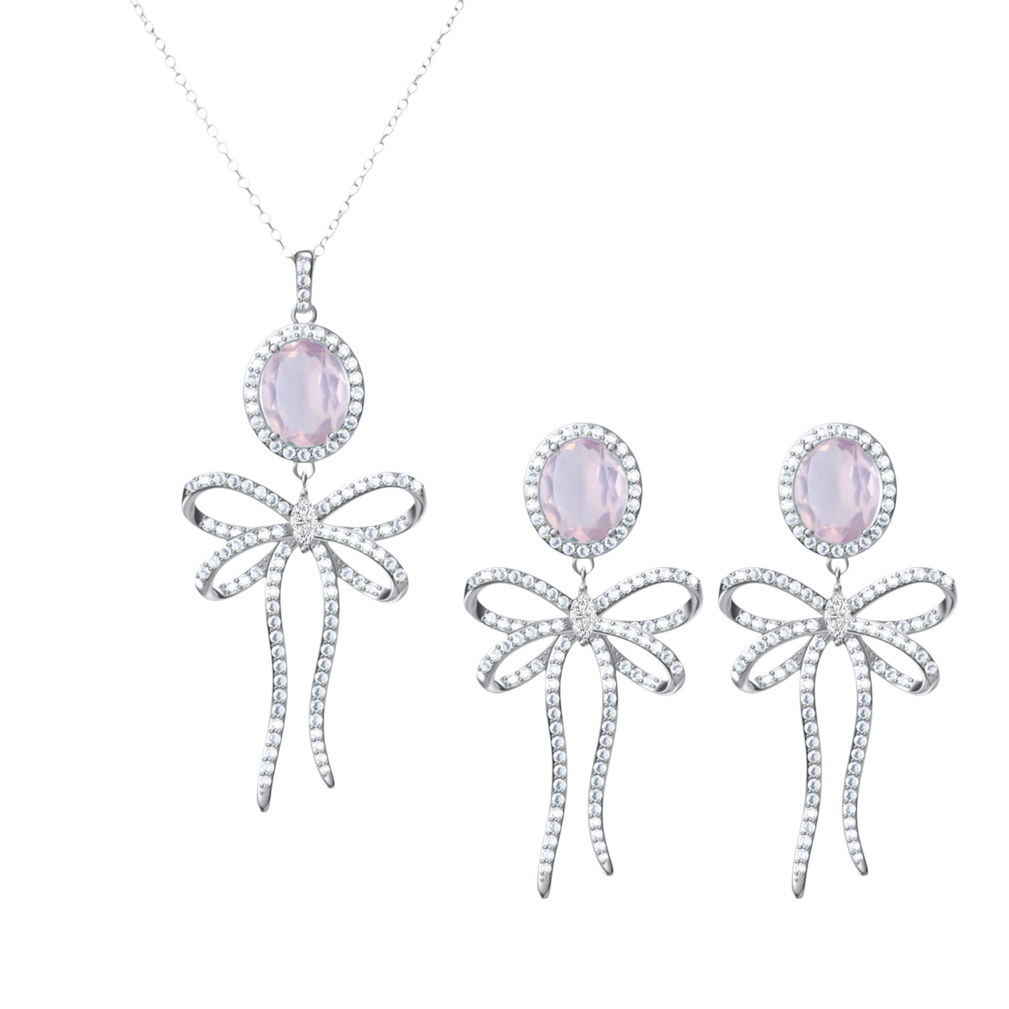 925 Sterling Silver Pink Moonstone Bow Tie Necklace & Earrings Set