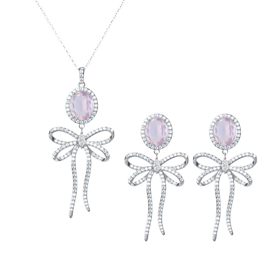 925 Sterling Silver Pink Moonstone Bow Tie Necklace & Earrings Set