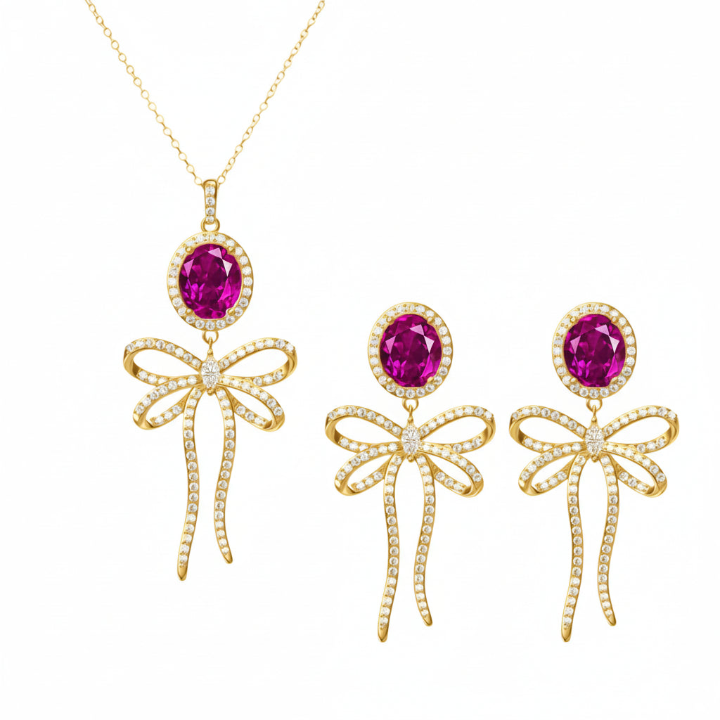 PRE-ORDER - 925 Sterling Silver Bow Tie Necklace & Earrings Set (Choose your Stone Color)