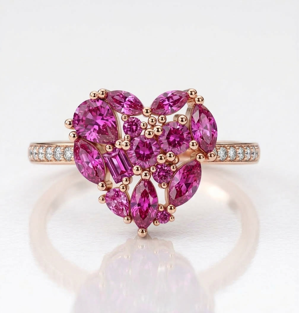 925 Sterling Silver Rose Corundum CZ Cluster Heart Ring on (Rose Gold or Rhodium)