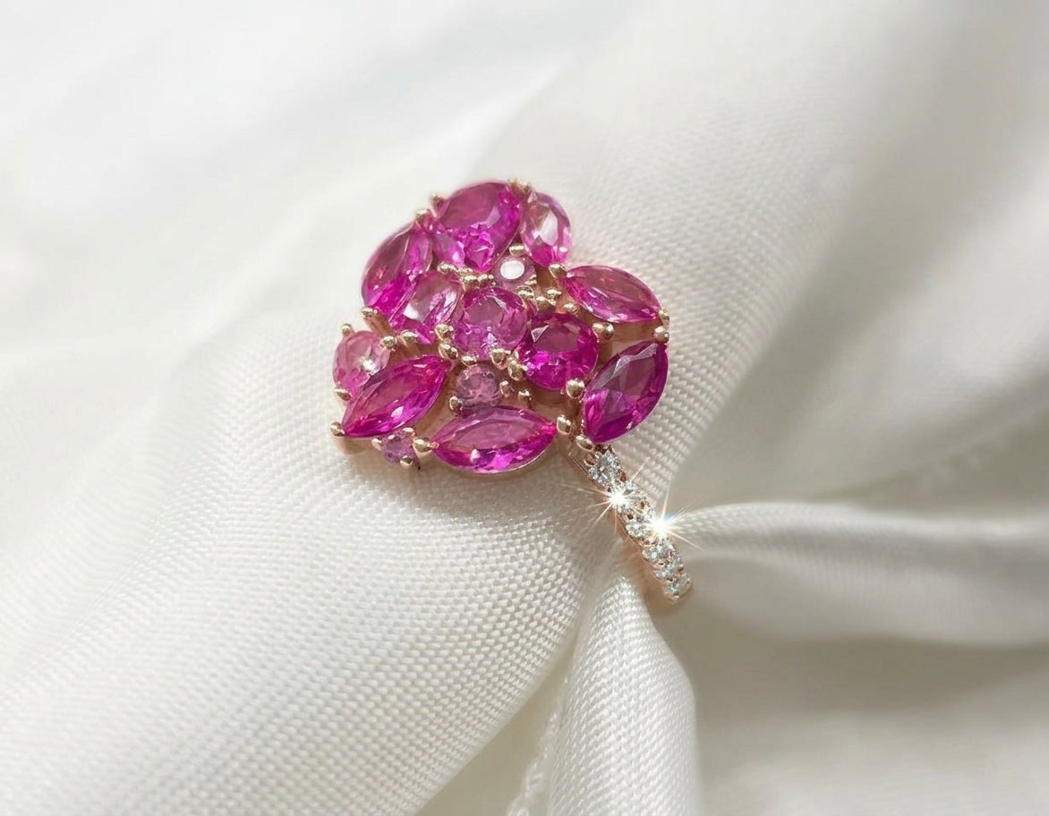 925 Sterling Silver Rose Corundum CZ Cluster Heart Ring on (Rose Gold or Rhodium)