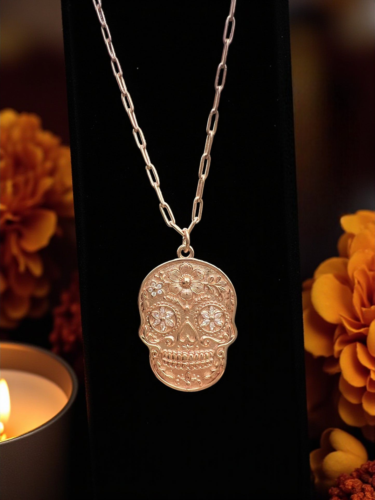925 Sterling Silver Sugar Skull Pendant Necklace - Rose Gold