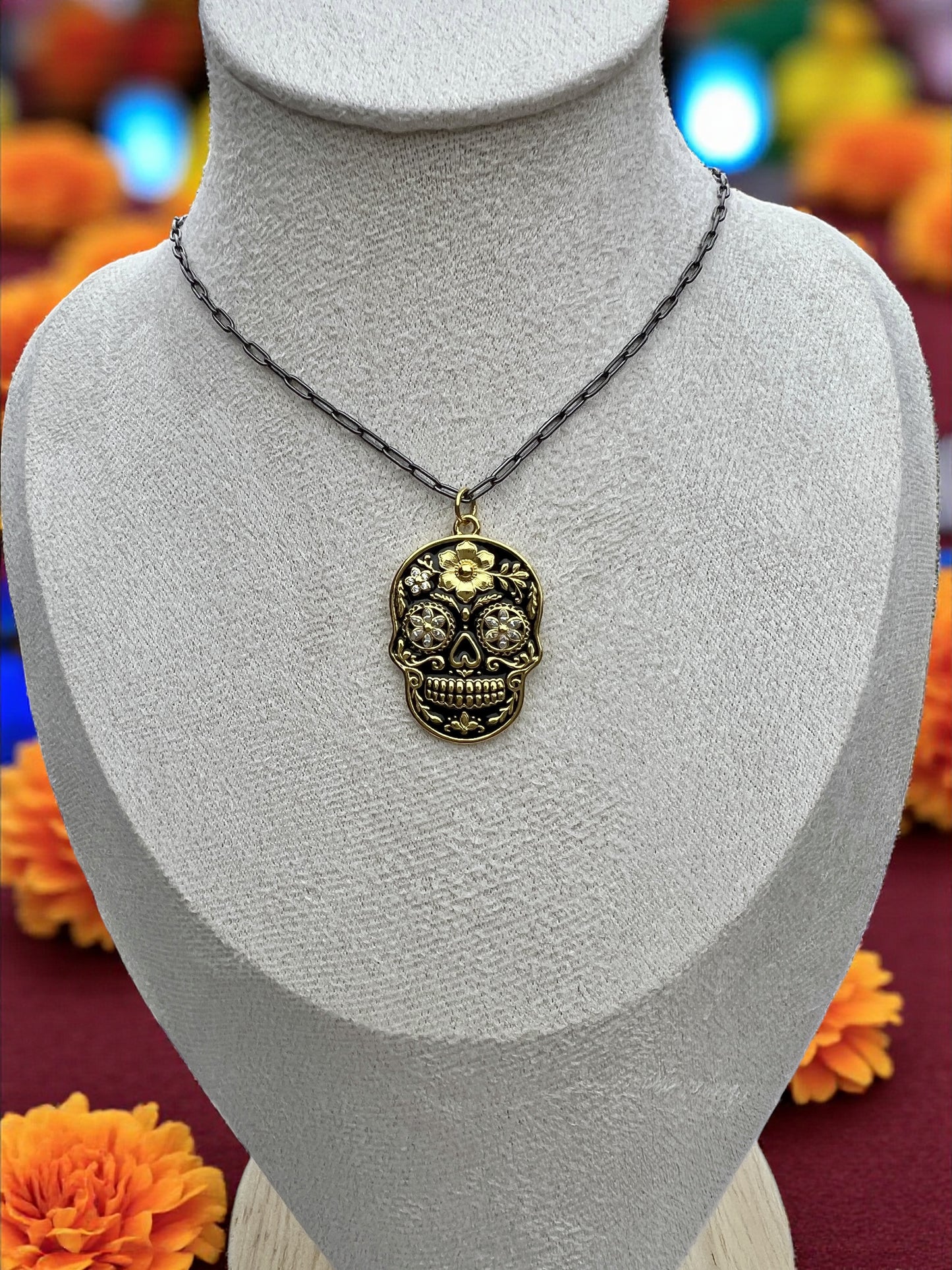 925 Sterling Silver Black & Yellow Gold Sugar Skull Pendant Necklace
