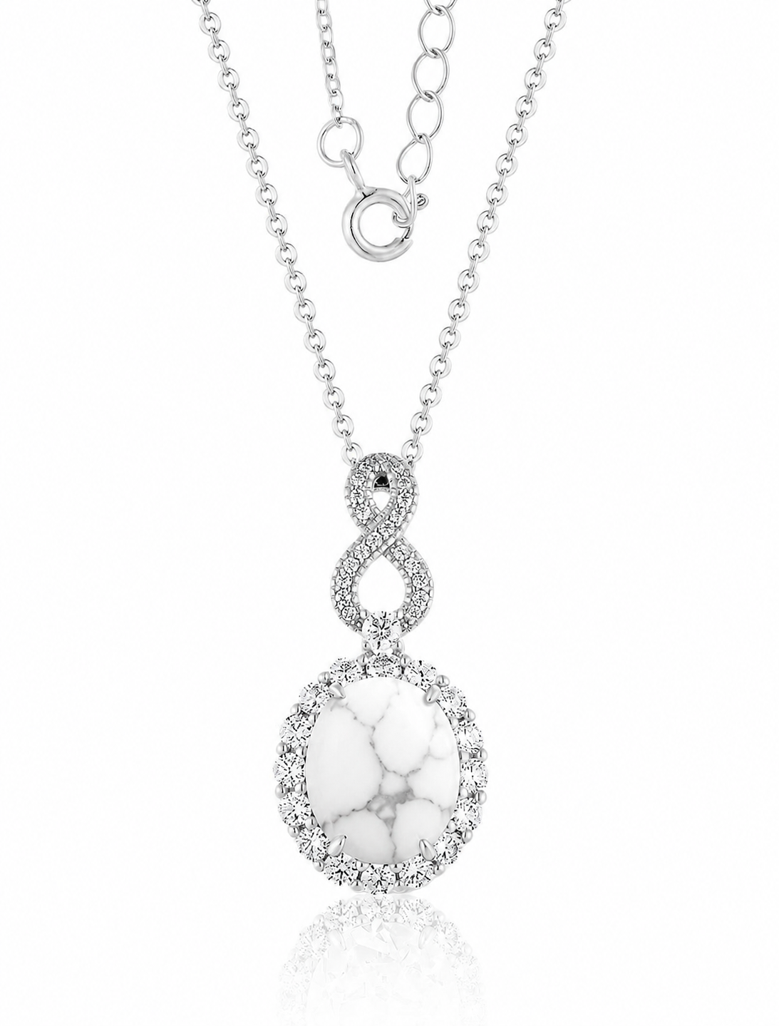 PRE-ORDER - 925 Sterling Silver Oval Cut White Howlite Halo Infinity Necklace (Choose your finish)