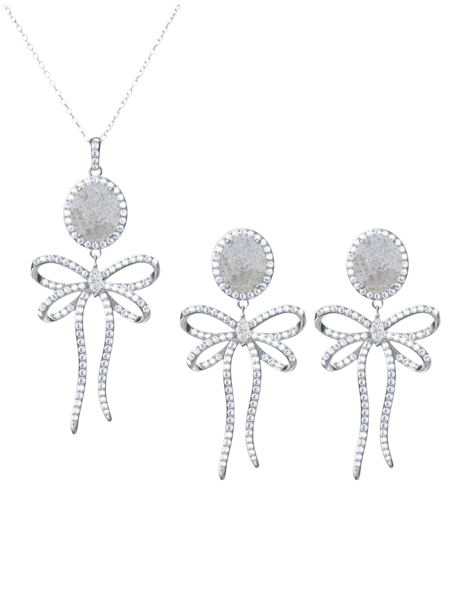 925 Sterling Silver White Ice Crystal Bow Tie Necklace & Earrings Set (Rose Gold or Rhodium)