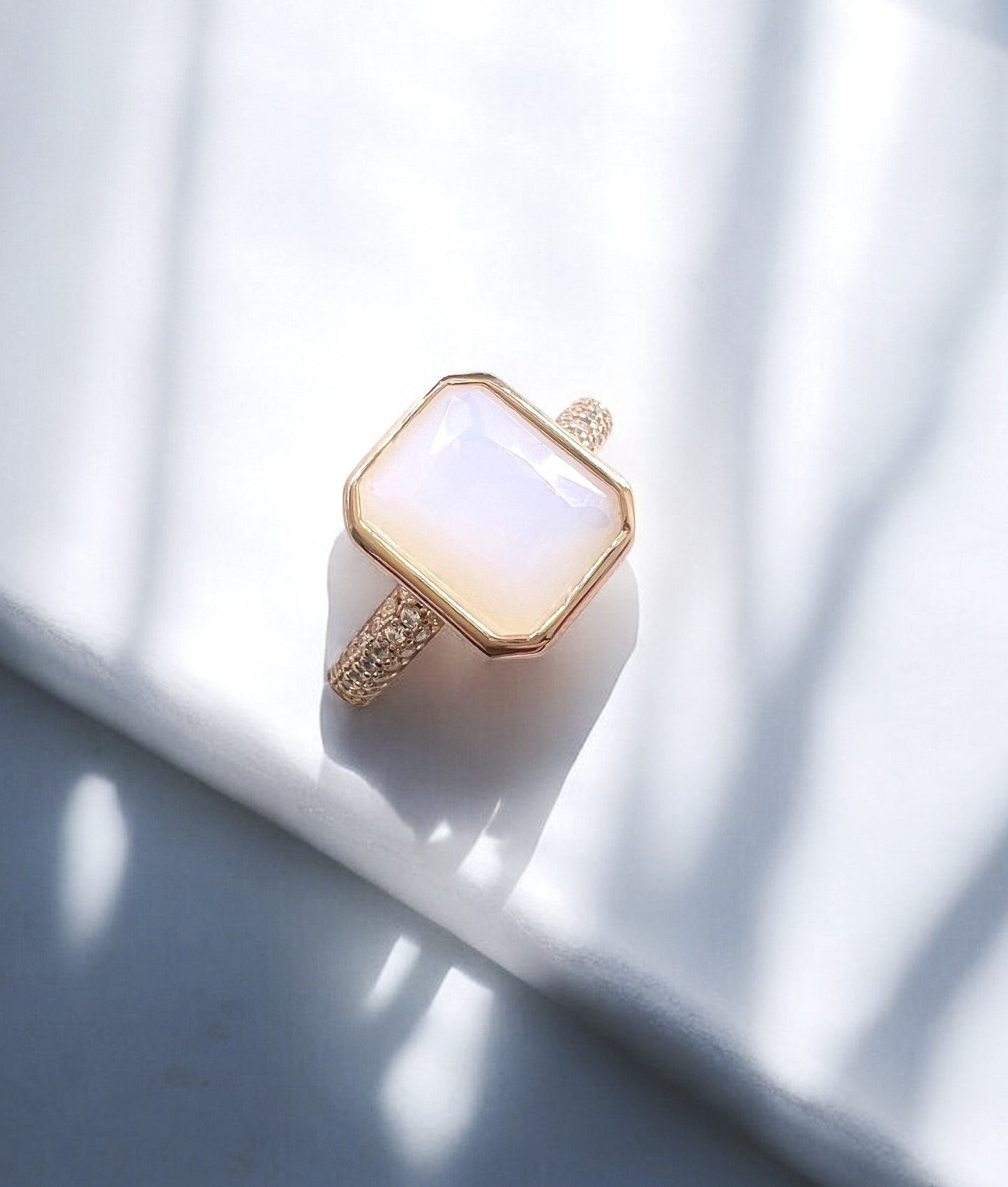 PRE-ORDER - 925 Sterling Silver White Moonstone Bezel Ring on Rose Gold (Choose your plating)