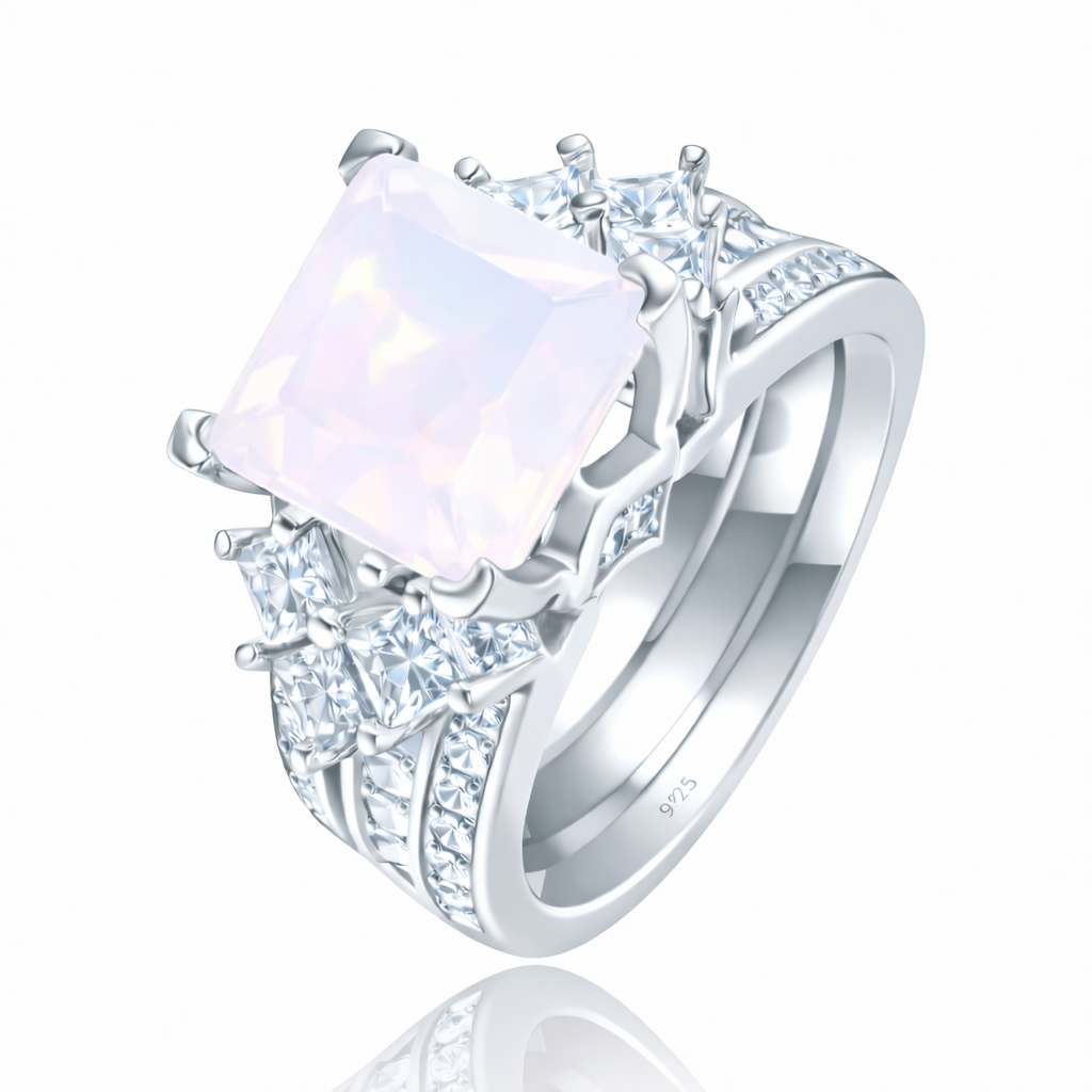 PRE-ORDER - 925 Sterling Silver Princess Cut, White Moonstone Tri-Band Ring (Choose your plating)