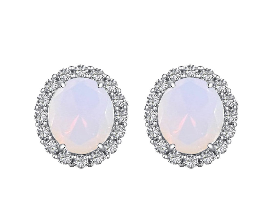 925 Sterling Silver Oval Cut White Opal Earrings