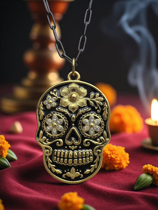 925 Sterling Silver Black & Yellow Gold Sugar Skull Pendant Necklace