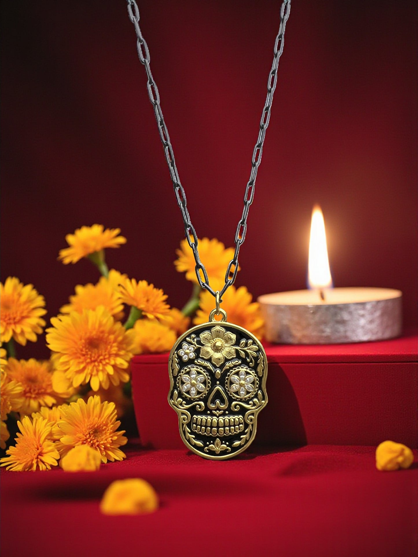 925 Sterling Silver Black & Yellow Gold Sugar Skull Pendant Necklace