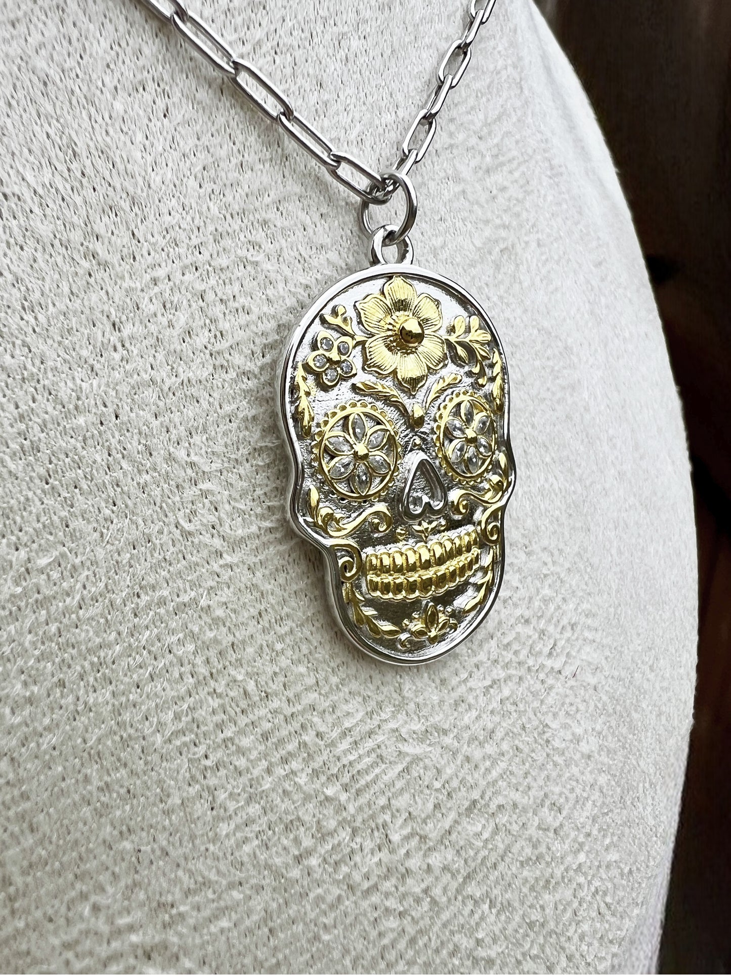 925 Sterling Silver & Yellow Gold Sugar Skull Pendant Necklace