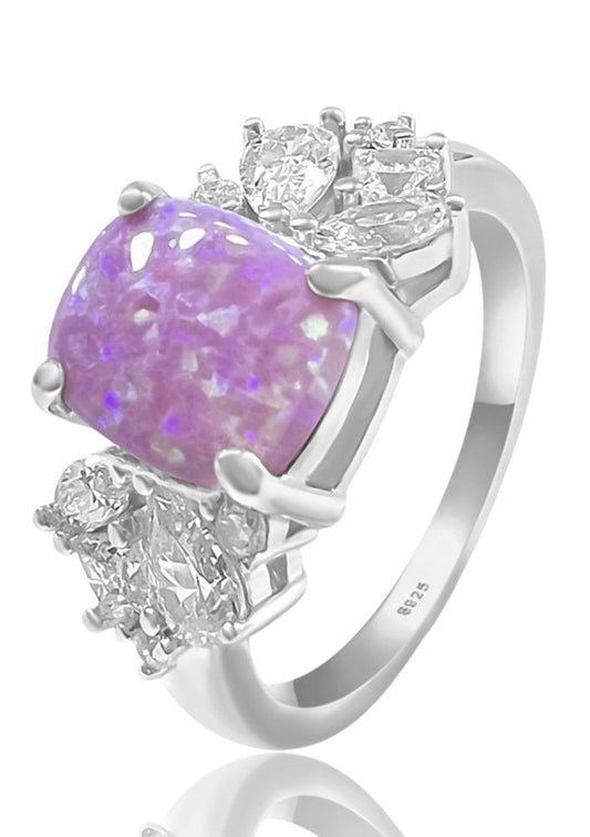 925 Sterling Silver Pink Lab Grown Fire Opal with Clear Cubic Zirconia Ring