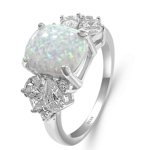 925 Sterling Silver White Lab Grown Fire Opal with Clear Cubic Zirconia Ring