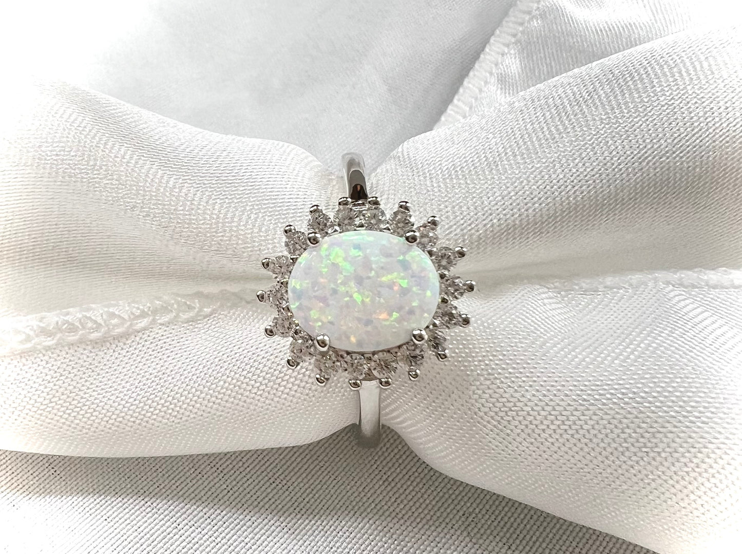 925 Sterling Silver Oval White Lab Opal with Clear CZ Ring