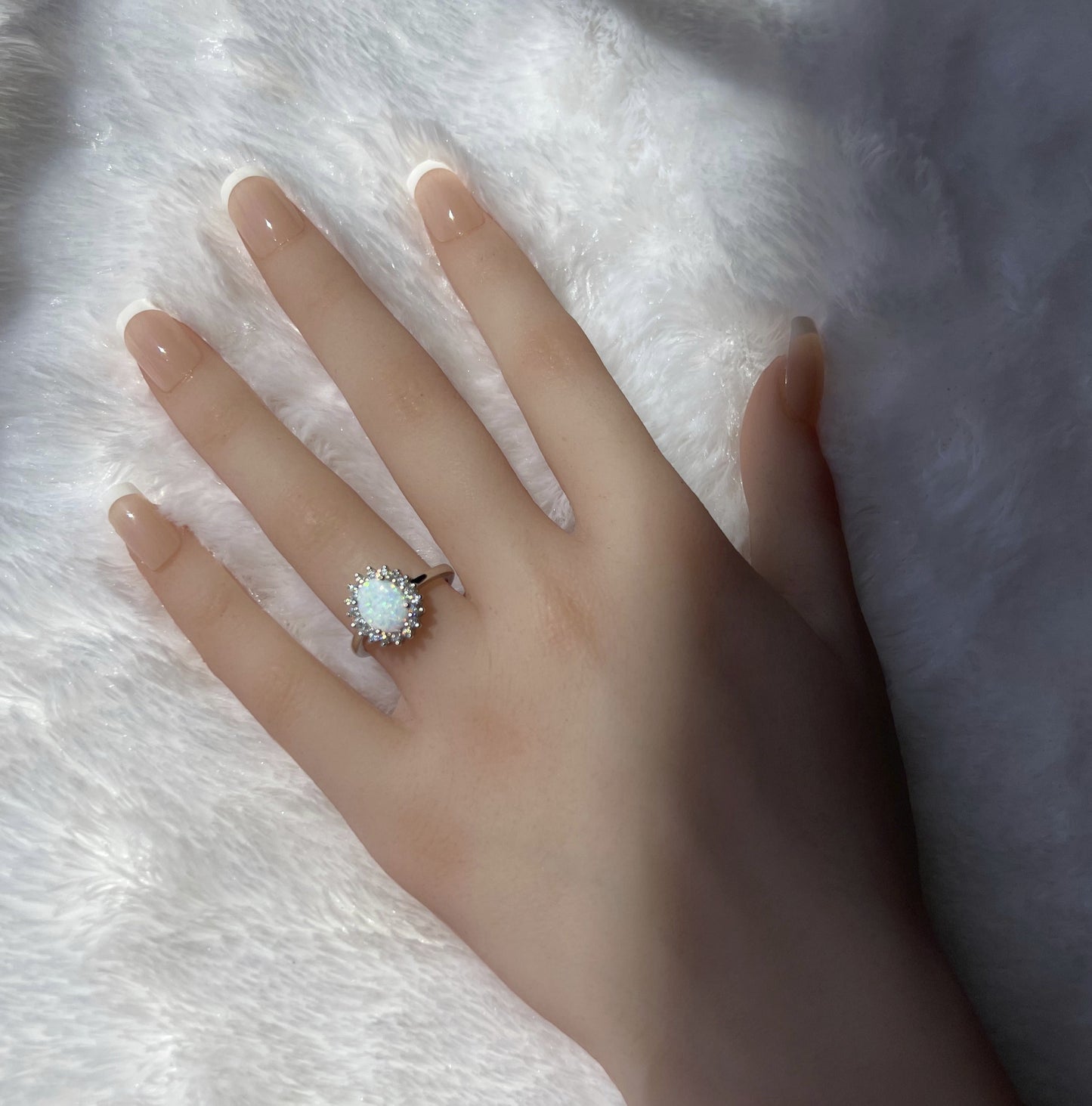 925 Sterling Silver Oval White Lab Opal with Clear CZ Ring