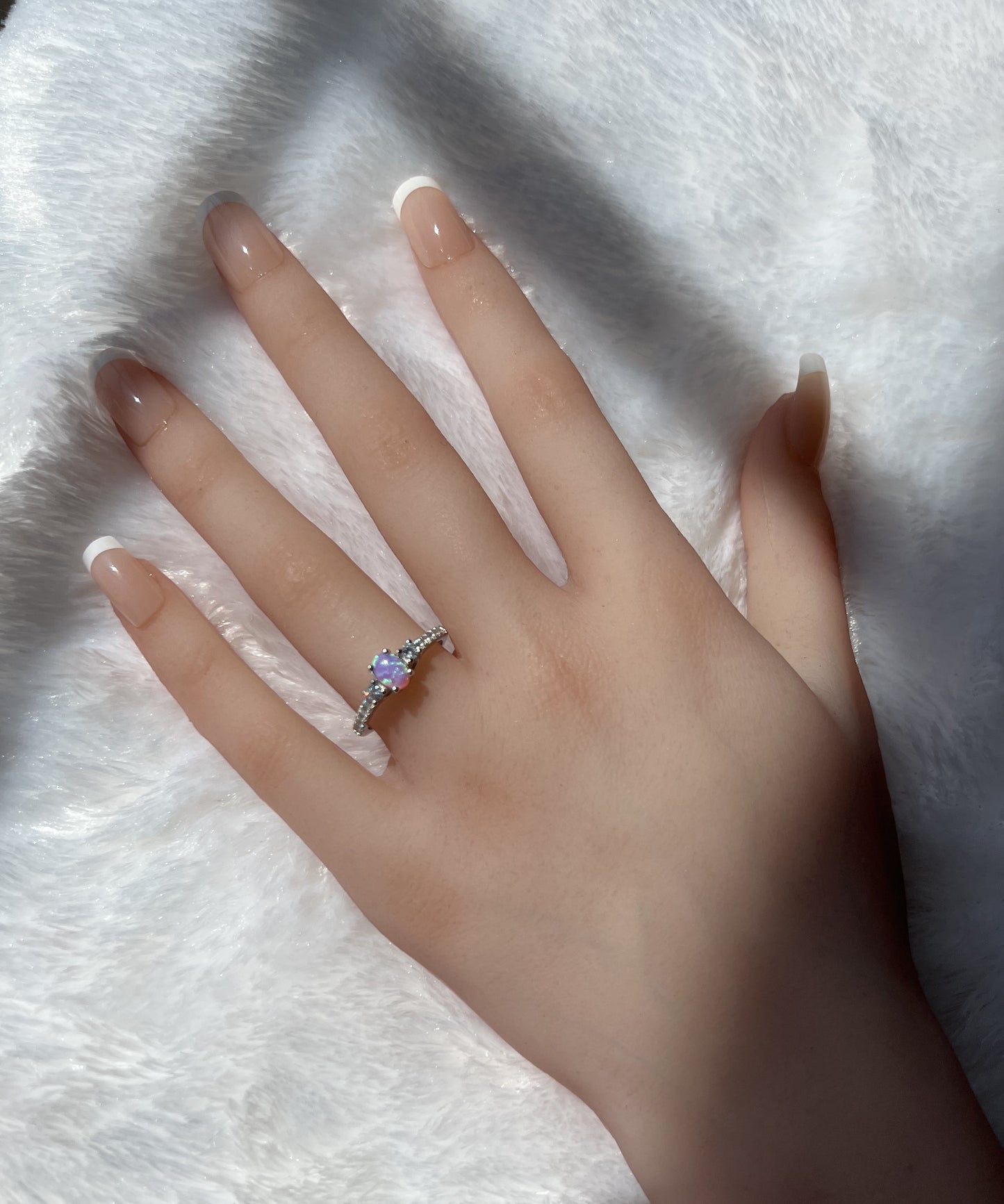 925 Sterling Silver Pink Lab Oval Opal with Clear CZ Ring