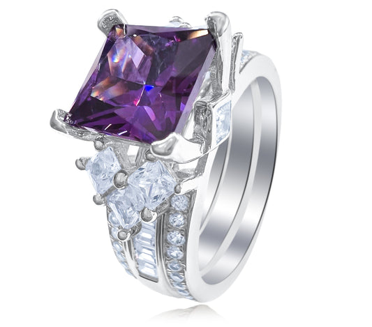 925 Sterling Silver Princess Cut, Alexandrite & Clear CZ Tri-Band Ring