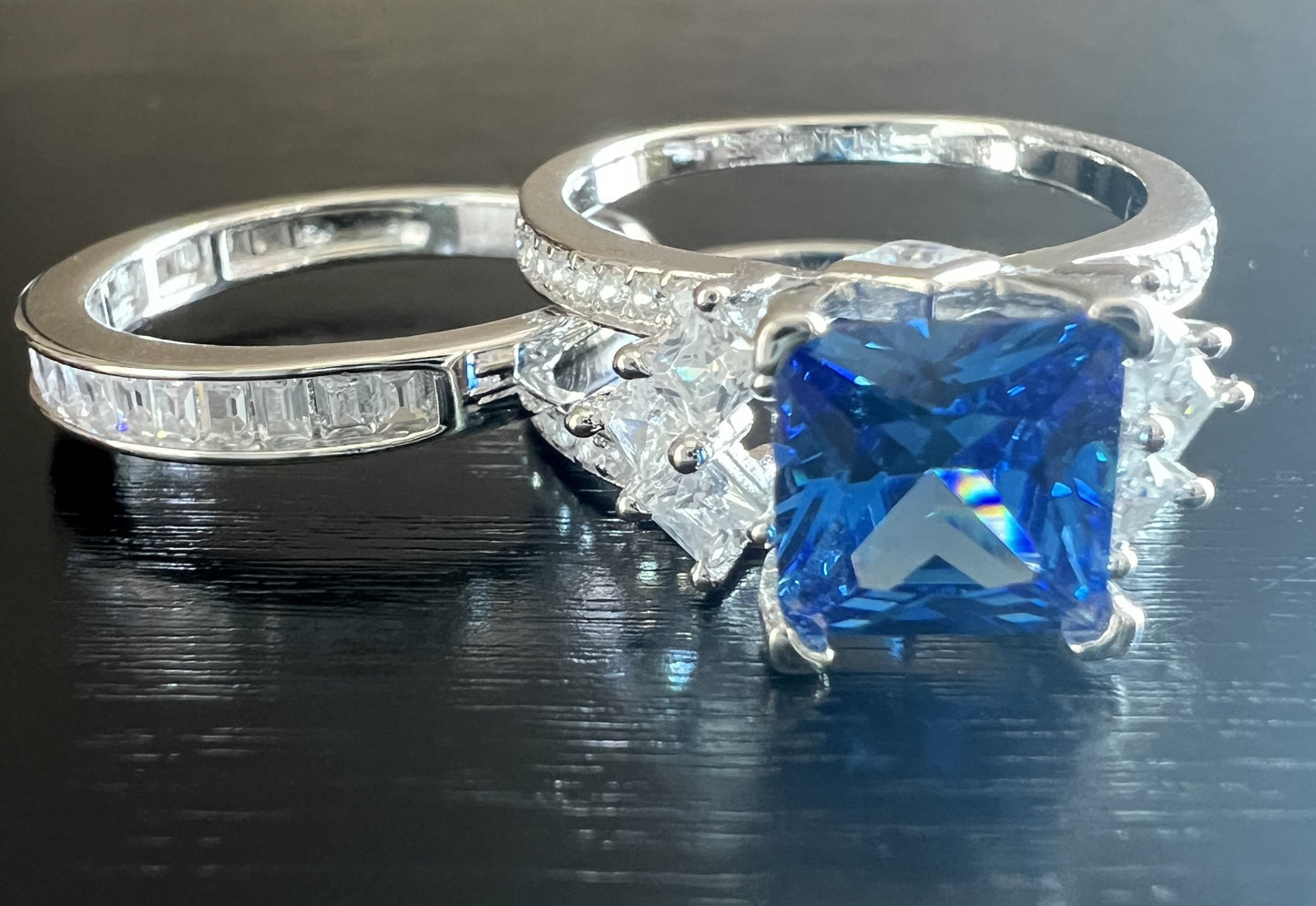 925 Sterling Silver Princess Cut, Blue Sapphire & Clear CZ Tri-Band Ring