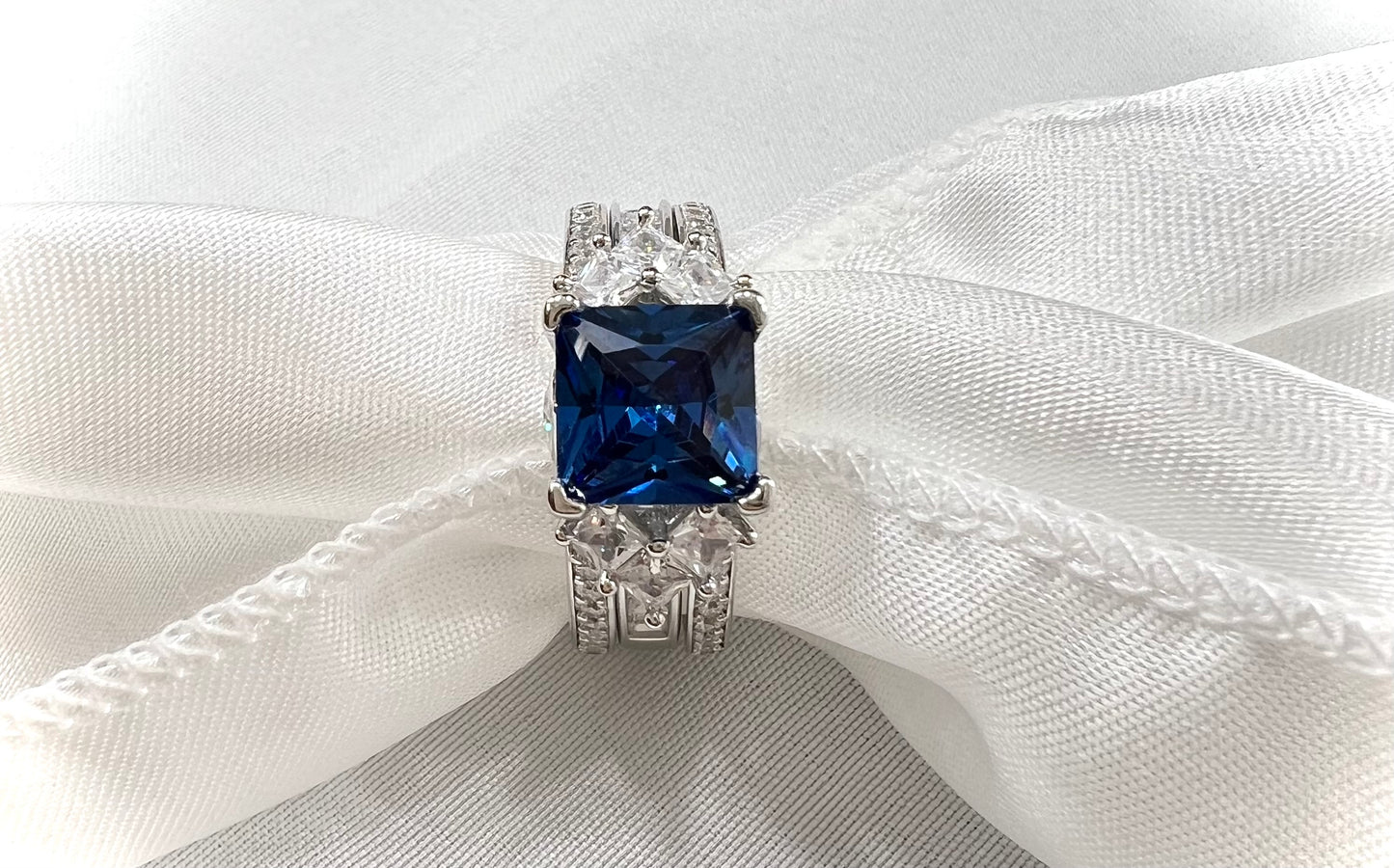 925 Sterling Silver Princess Cut, Blue Sapphire & Clear CZ Tri-Band Ring